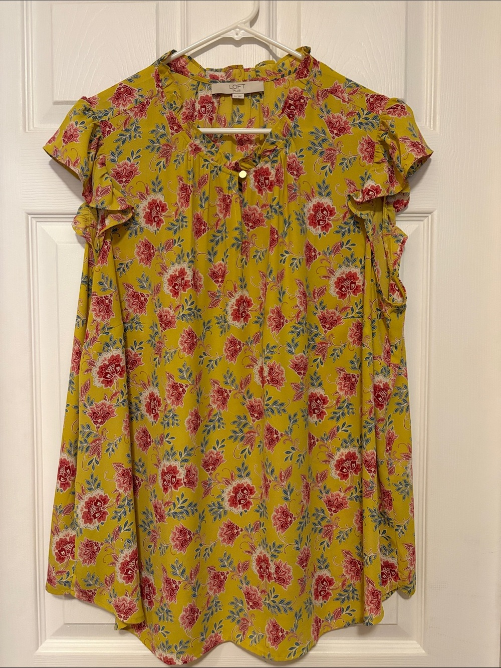 LOFT Yellow Floral Ruffle Sleeve Blouse with Pink Flowers
